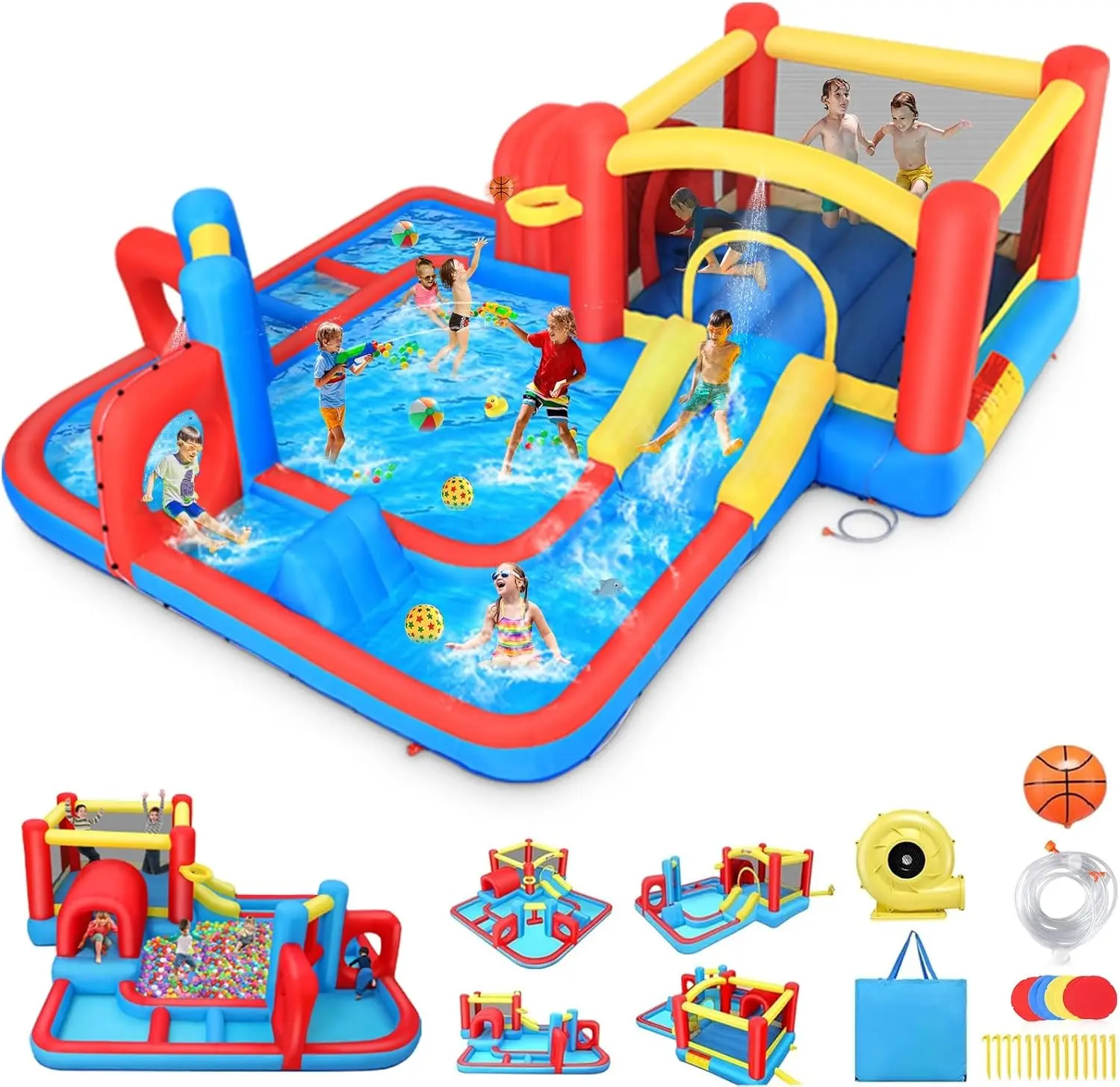 Hüpfhaus-Wasserrutsche für Kinder von 3 bis 12 Jahren mit Gebläse, 14,3 x 14,3 Fuß aufblasbarer Hindernisparcours mit Sprungbereich, geteilter Bällebad, Rutsche, O