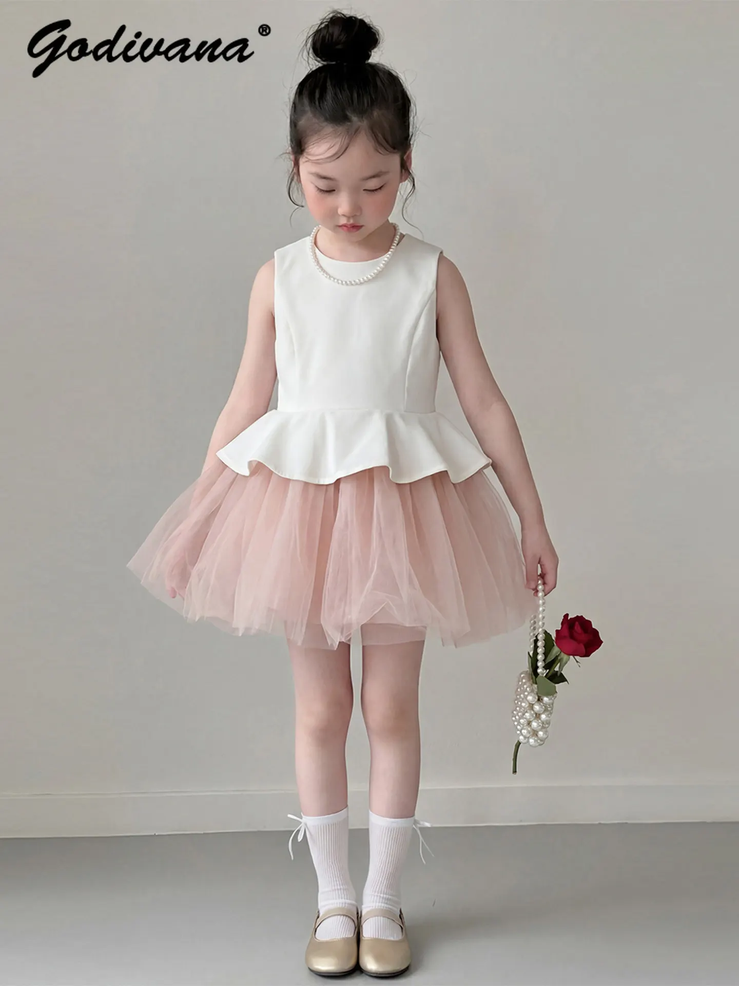 

Kids High End French Sleeveless Princess Dress Summer 2026 New Little Girls Fashion Ruffle Tulle Patchwork Birthday Party Gown