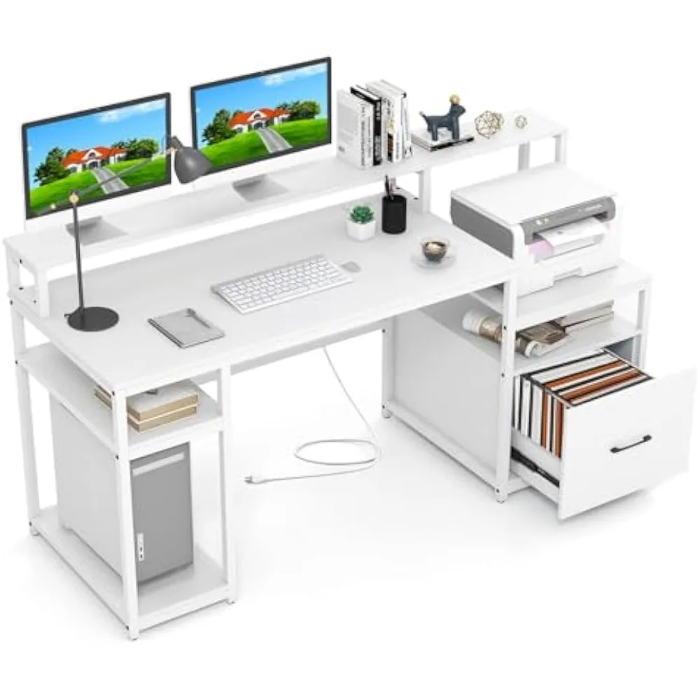 

66-inch Computer Desk with Power Outlet, Office Desk with Monitor Stand, Printer Shelf, File Drawer, CPU Stand