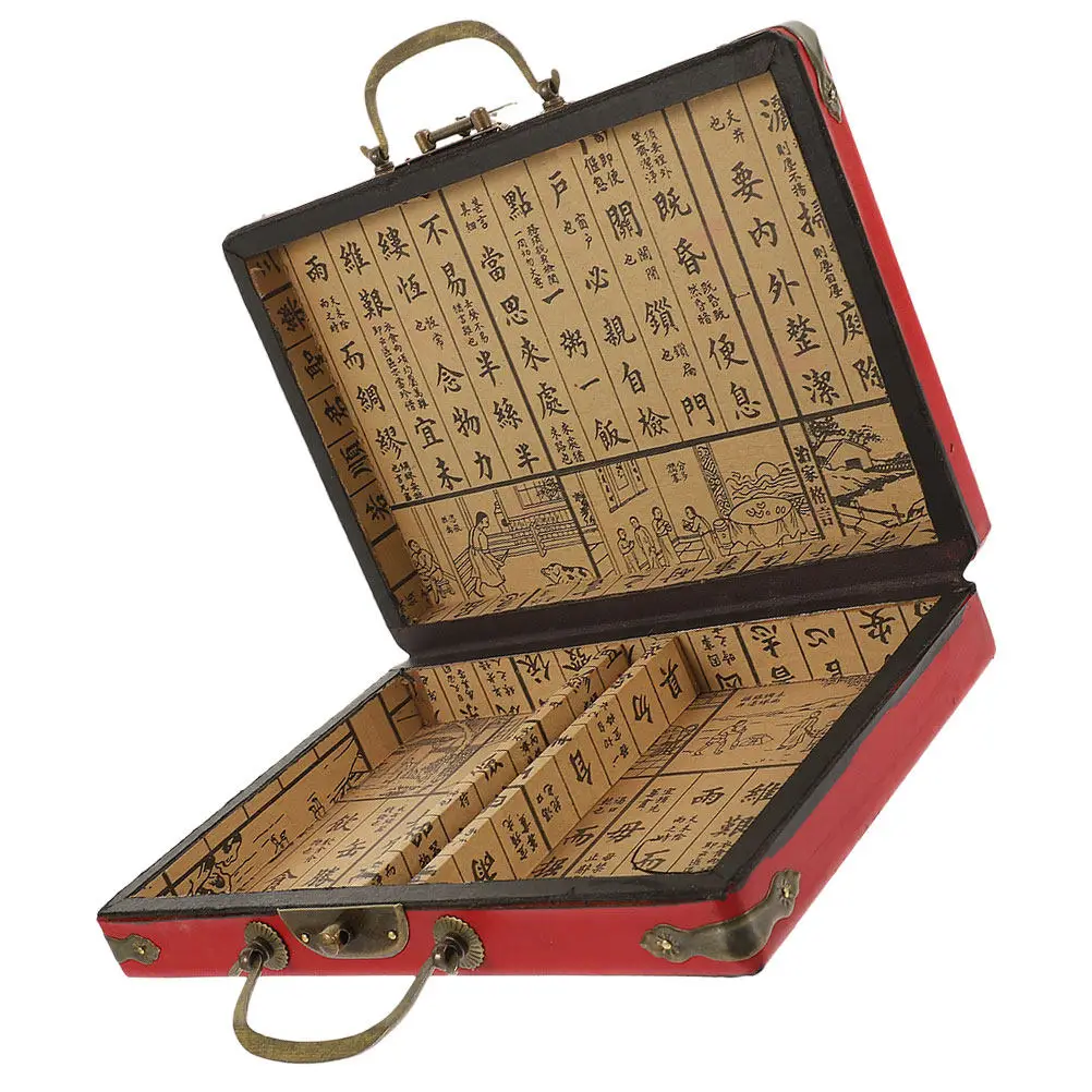 

Portable Wooden Mahjong Storage Box PU Wood Hybrid Material Sturdy Lidded Case with Buckle for Mahjong Set Household Grocery