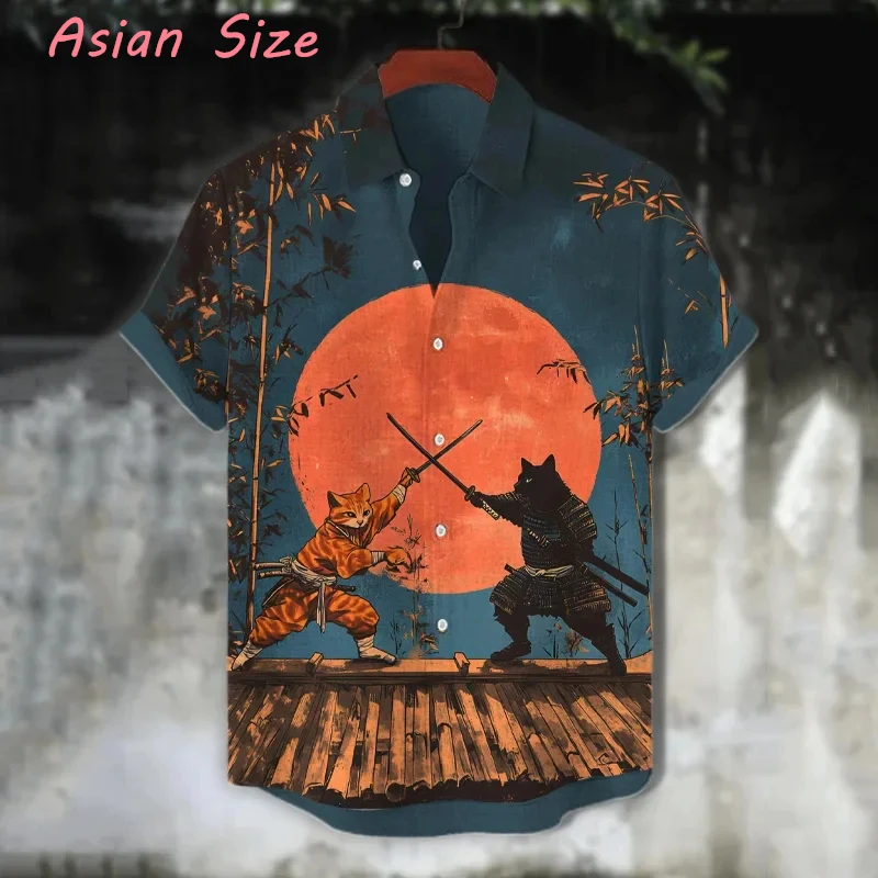 

Unisex Vintage Japanese Men's Anime Samurai Cat Print Casual Daily Wear 3D Printing Short Sleeve Blouses Hawaiian Shirts For Men