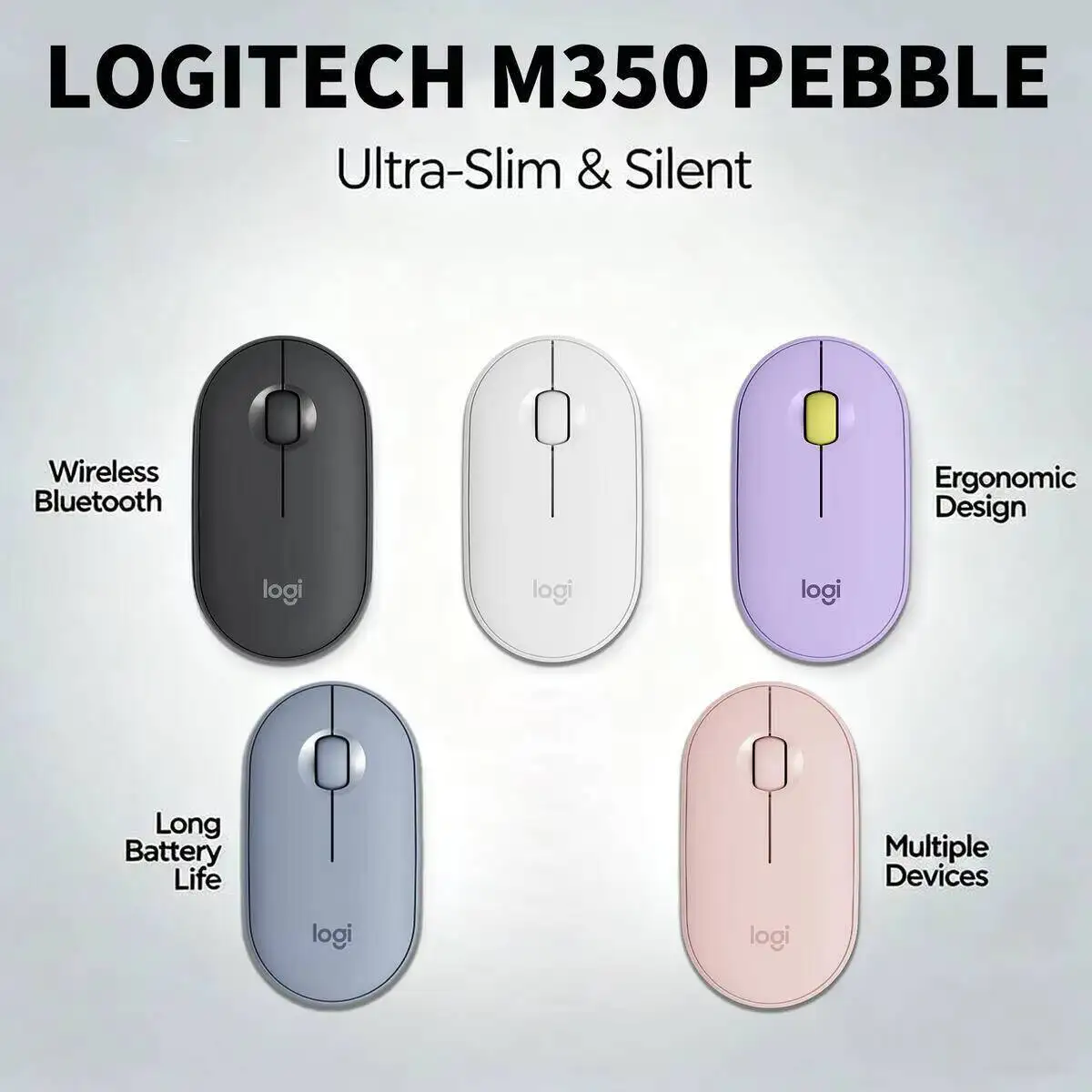 Logitech M350 Pebble Wireless Mouse – Silent Clicks, Slim Portable Design, 18-Month Battery, Bluetooth/USB Connect for Home