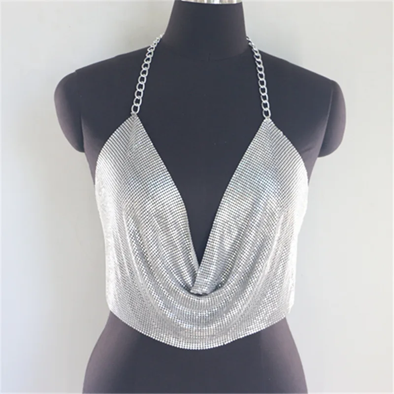 JHJN-Chaleco con lentejuelas y diamantes brillantes, estilo discoteca, cadena de Metal Sexy, cuello en V, Top sin espalda