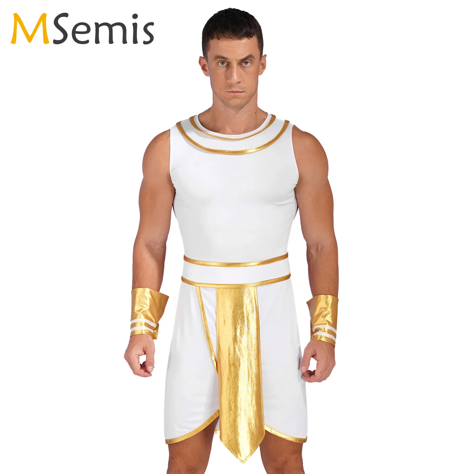 Halloween Ancient Egypt Fancy Dress King Cosplay Pharaoh Outfit Mens Sleeveless Masquerade Fantasia Cosplay Dress with Cuffs