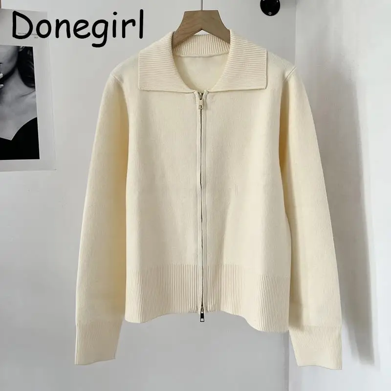 Donegirl 2023Autumn Women New Lapel Solid Commute Zipper Coat Knitted Sweater Simple Casual Cardigans Versatile Tops Female Chic