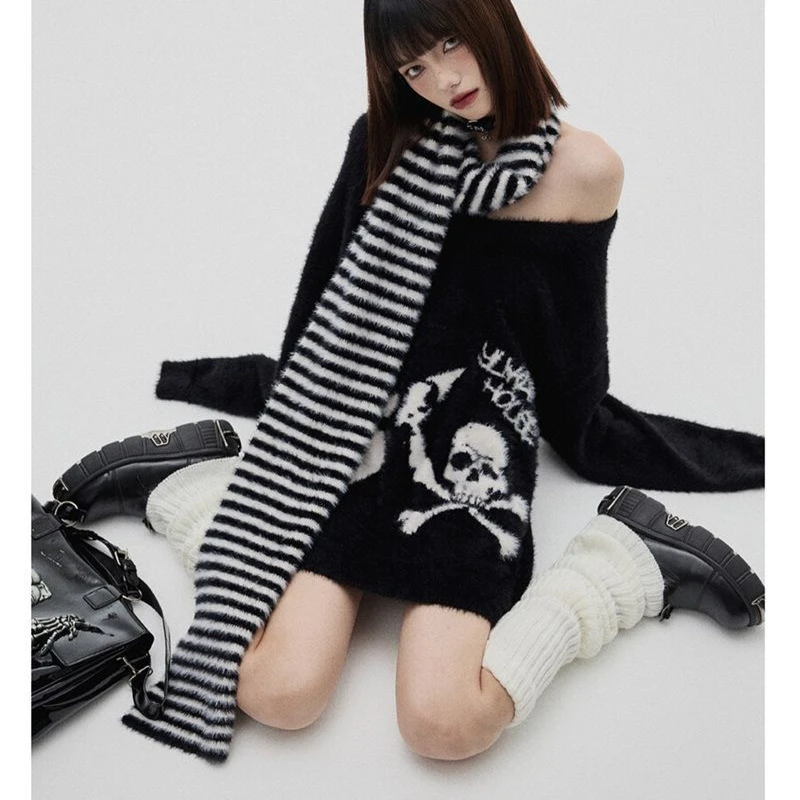 Yk2 Punk Striped Goth Scarf Muffler Girls Grunge Aesthetics Harajuku Y2k Shawl Neckerchief 2000s Vintage Winter Warm Accessories