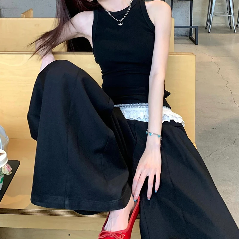 PBAP مكشكش الدانتيل مطوي السراويل واسعة غير رسمية النساء منخفضة الخصر التباين المرقعة ثنيات صالة البدلة بنطلون ملابس الصيف الرجعية #6