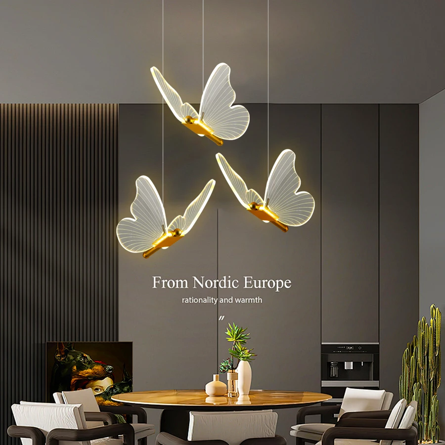 LED Modern Three Headed Butterfly Pendant Light, 3-color Light, Living Room, Dining Room, Home Decoration, Indoor Lighting