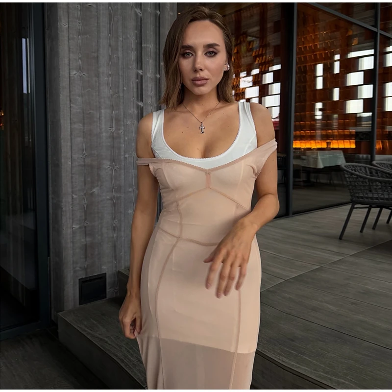 Sheer Layers Mesh See Through Midi Dress Women Spaghetti Strap Sleeveless Slim Dresses 2026 Summer Lady Sexy Beach Outfit