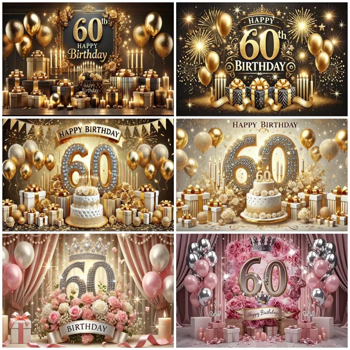 

60th Anniversary Birthday Party Decor Backdrop Elegant Golden Champagne Photography Supplies Cake Gifts Balloons Background Prop