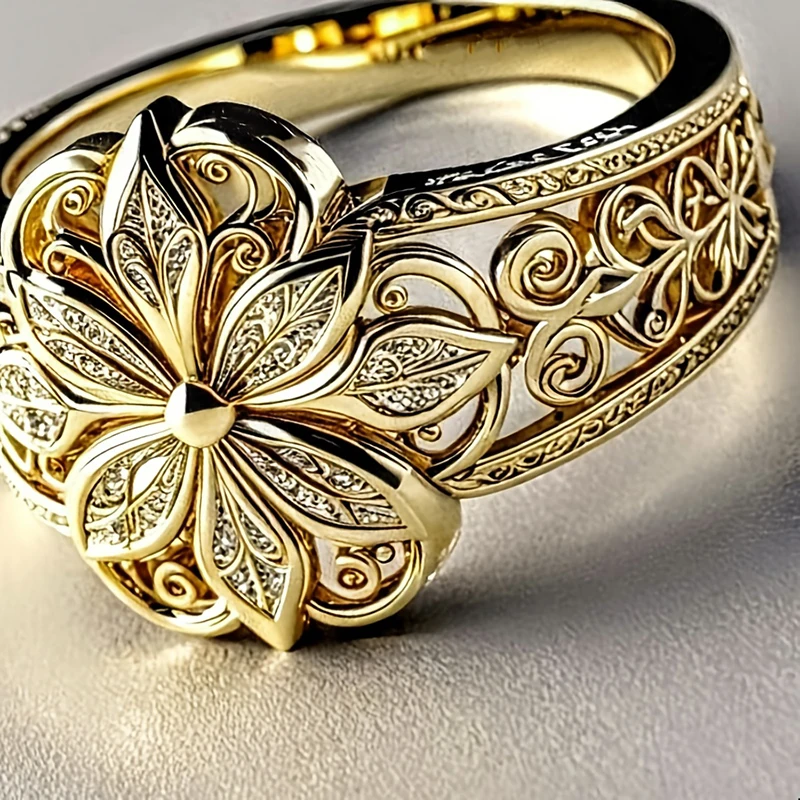 Huitan Wunderschöner Damenring, ästhetisches Blumen-Gravur-Design, trendiges Zubehör für Party, Hochzeit, bezaubernder, schicker Schmuck, Geschenk für Damen – Detail 3