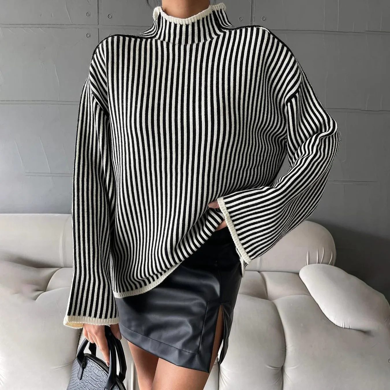 Vertical Striped High Neck Lazy Style Front and Back Two Wearing Flared Sleeve Knitted Sweater