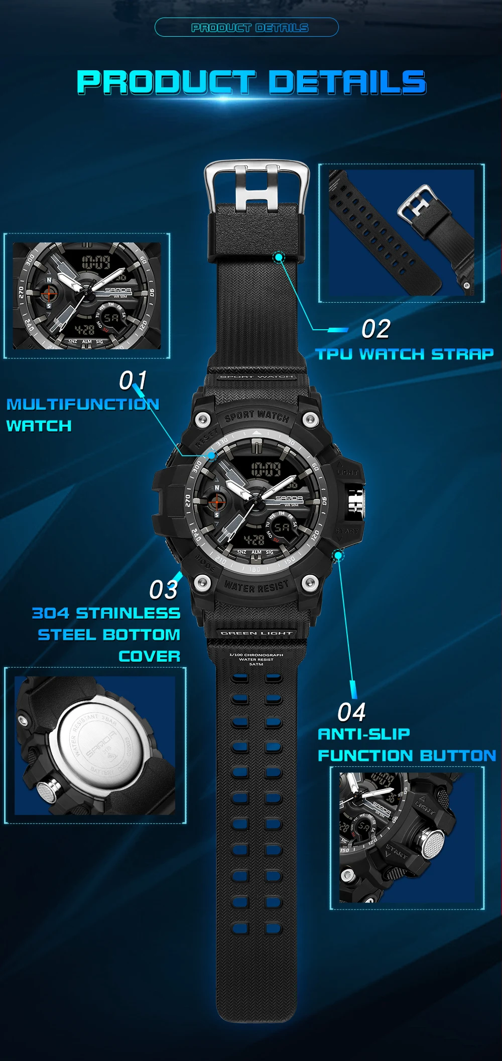 SANDA New Military Shock Watches G-Style Clock For Men Boy Quartz Analog Wristwatch Waterproof Sport Watch Men LED Digital Watch