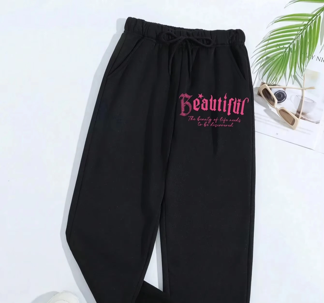 Pink Letter Printing Women\'S Autumn Casual Basic Loose Pants Versatile Pocket Fashion Trousers Trendy Street Comfy Pant Female