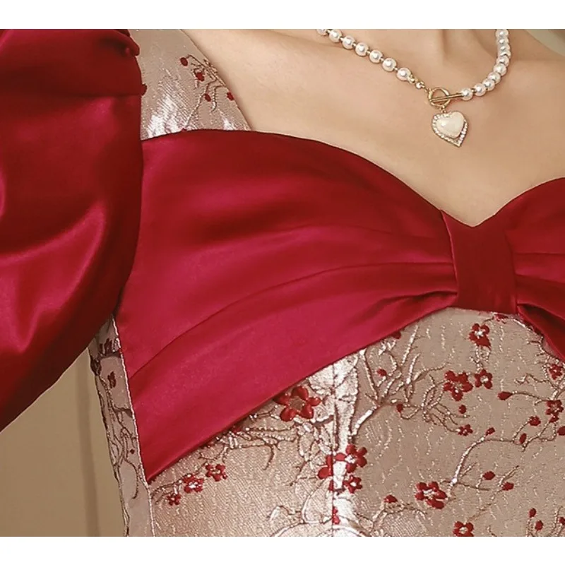 Robe de soirée de mariée rouge vin, manches de princesse, col carré, Toast, Look à la mode, fine, imprimée, bretelles au dos, longue, nouvelle collection 2026