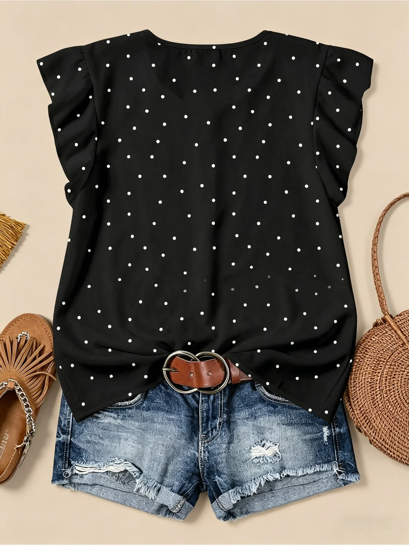 Europäisches und amerikanisches Sommer-Top mit Rundhalsausschnitt, Rüschenärmeln, schmal geschnitten, schwarzem Grund und weißen Polka Dots, kurzärmelig – Detail 3