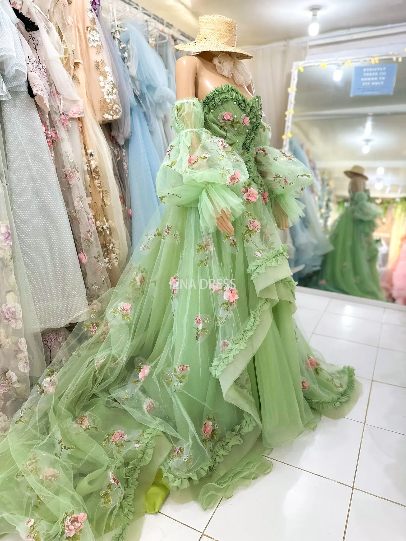 custom Spring Fairy Green Birthday Photography Dress Off-shoulder Evening Party Wedding Gown Cosplay Gowns Flower Photoshoot