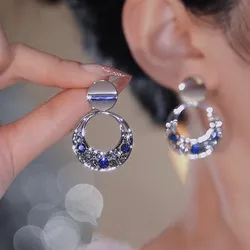 2023 New Round Silver Colour Inlaid Blue Crystal Earrings Women's Personality Fashion Earrings Wedding Jewelry Birthday Gifts