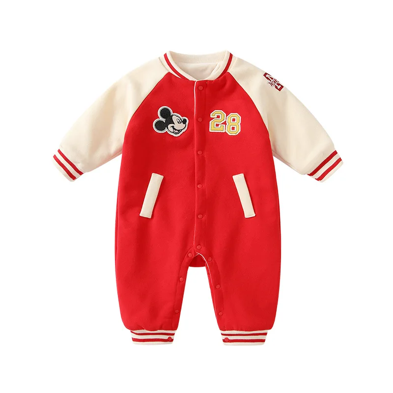 

MINISO Mickey Baby Boy Winter Onesie Front Open Buckle Baseball Newborn Clothes Infant Warm Romper Thickened 0-1 years Bodysuits