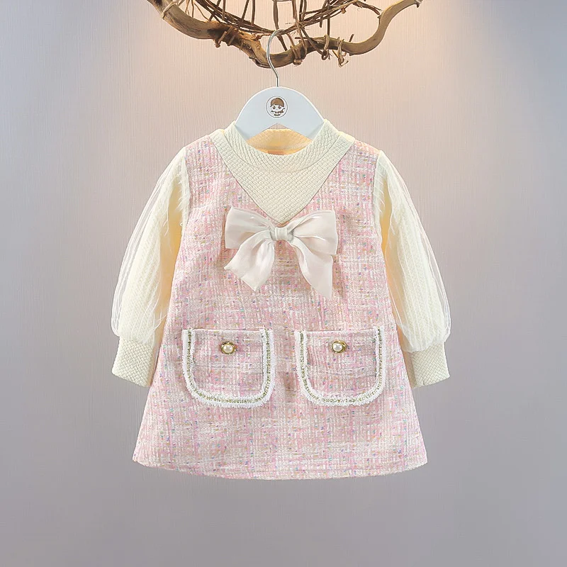 1-5Y New Spring Autumn Dresses For Baby Girls  Cute Bow Mesh Plaid Long Sleeve Princess Dress