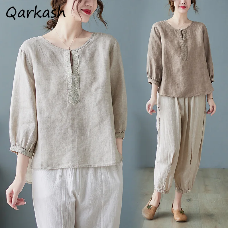 

Blouse for Women Simple O-neck Classical Vintage Summer Breathable Comfortable Korean Style Daily New-arrival Versatile Chill