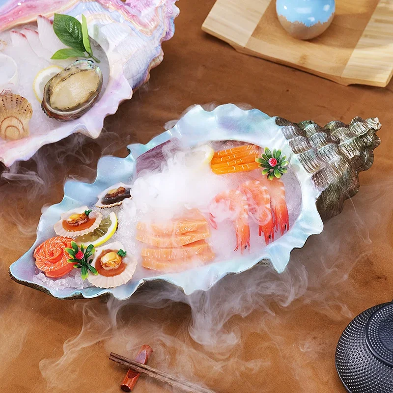 

High-end Conch Sashimi Ice Plate Creative Dry Ice Kitchen Tableware Seafood Salmon Designed Trays Hotel Resin Seafood Platter