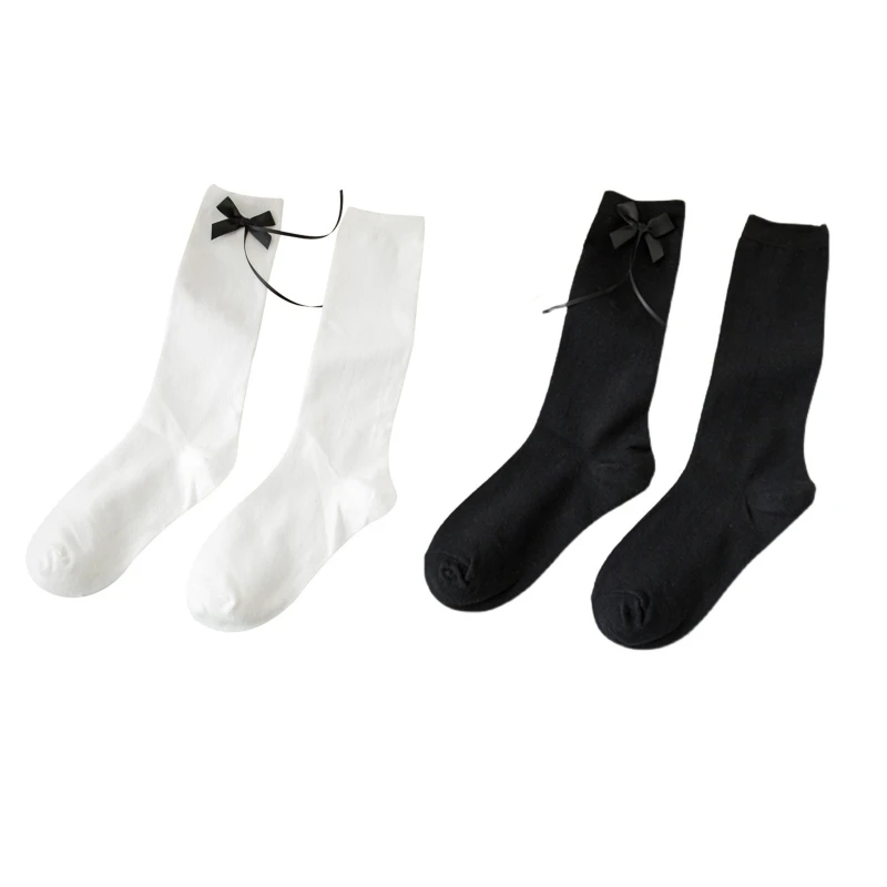 Japanese Women Girls Cotton Calf Socks Preppy Sweet Side Ribbon Bowknot Student Uniform Knee High Stockings