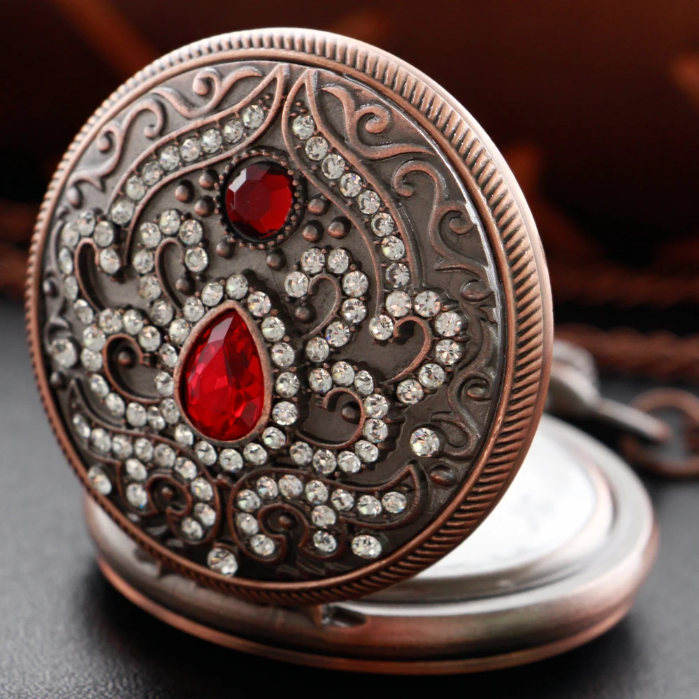 Exquisite Red Fake Gem Rhinestone Luxury Quartz Pocket Watch Men's and Women's Necklace Clock Steampunk Fashion Gift Accessories