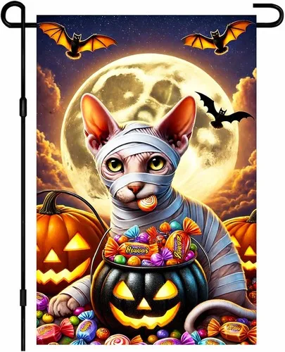 Happy Halloween Garden Flag Sphynx Cat Mummy Flag Candy Jack O, 12x18 Inch XXQ
