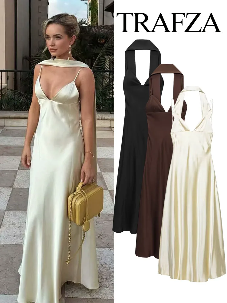 

TRAFZA Woman's Sexy Chic Sleeveless Thin Scarf Decoration Dress V-Neck Dresses Summer Female Elegant Solid Sling Long Dress