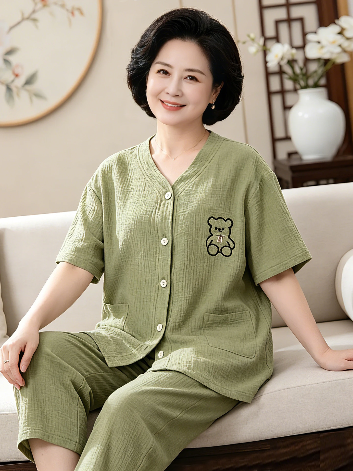 summer-thin-cotton-nightgown-women's-loose-home-clothes-v-neck-short-sleeve-seven-piece-pants-elastic-waistband-soft-cotton