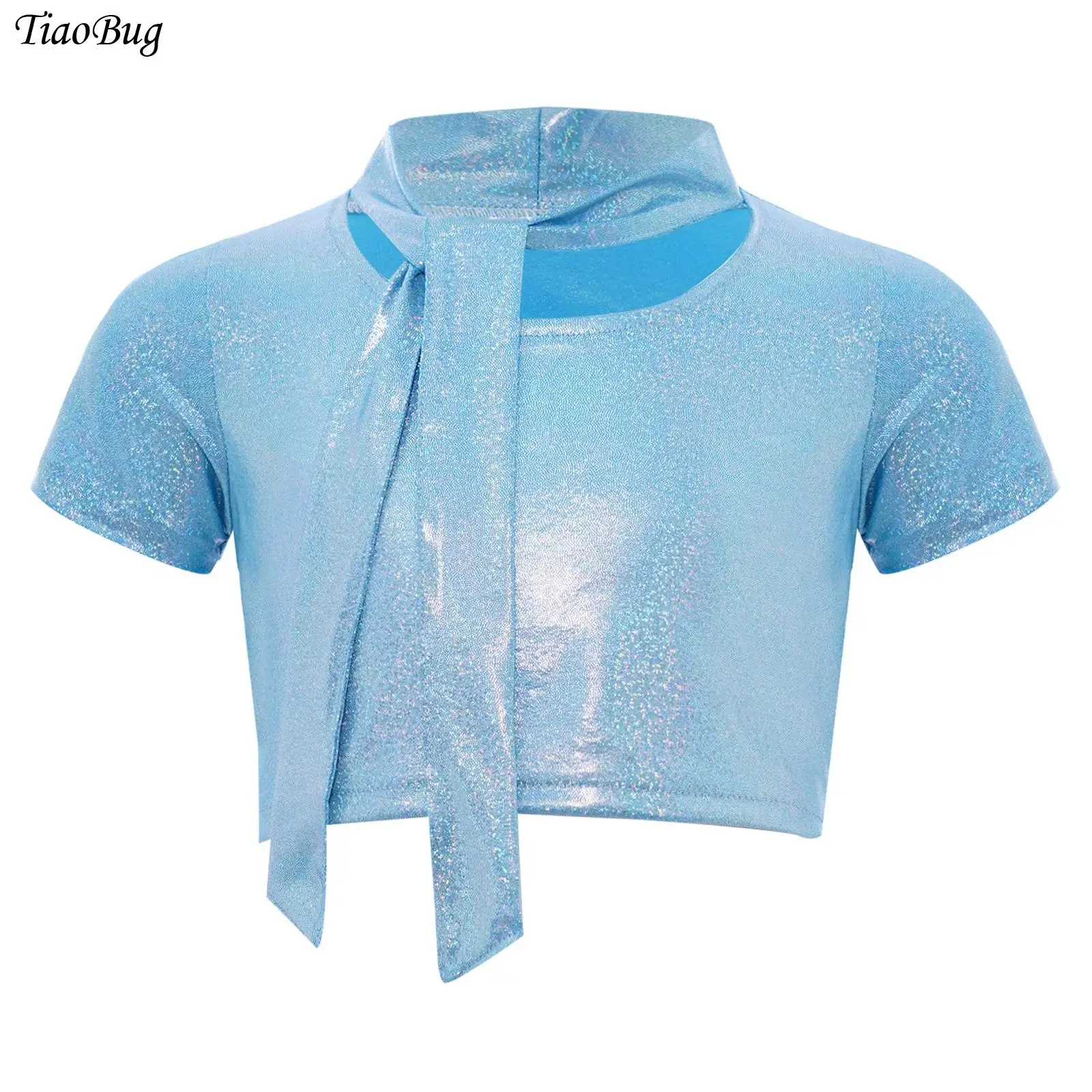 

Girls Shirt Lace-up Collar Short Sleeves Metallic T-shirt Dance Crop Top for Cheerleading Jazz Dance Stage Performance Party