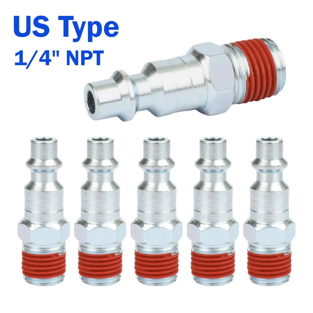 5 Or10 Pcs US Type Pneumatic Air Compressor Hose Quick Connector Plug With 1/4in NPT Male Thread Coated With Glue