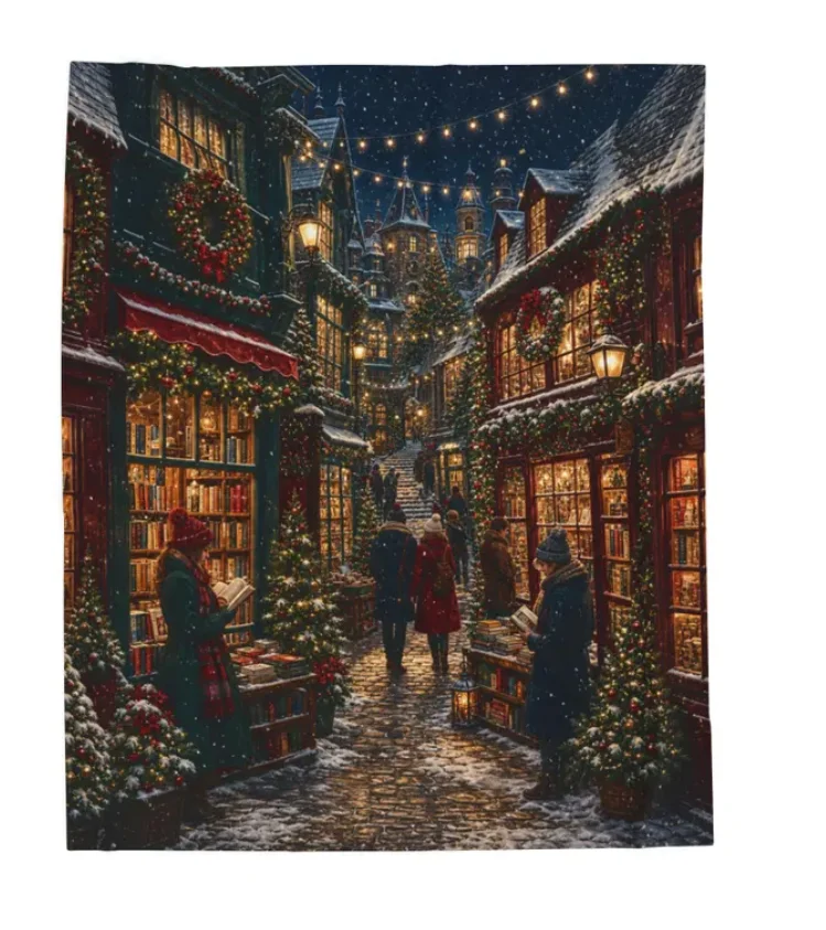 Book Lover Christmas Blanket, Snowy Bookshop Velveteen Throw, Reader Gift, Winter Library Decor  Blanket