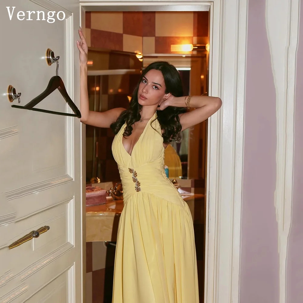 

Verngo Light Yellow Chiffon Evening Dress Halter A Line Formal Occasion Dress Sequined A Line Saudi Arabia Prom Gown Customized
