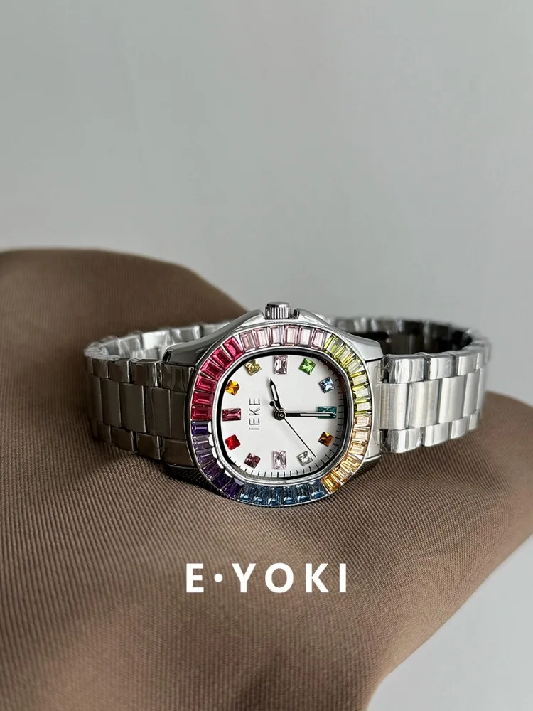 Fashion Women's Watch Rainbow Stone Dial Delicate Digital Quartz Watch Stainless Steel Women's Watch Luxury Gift