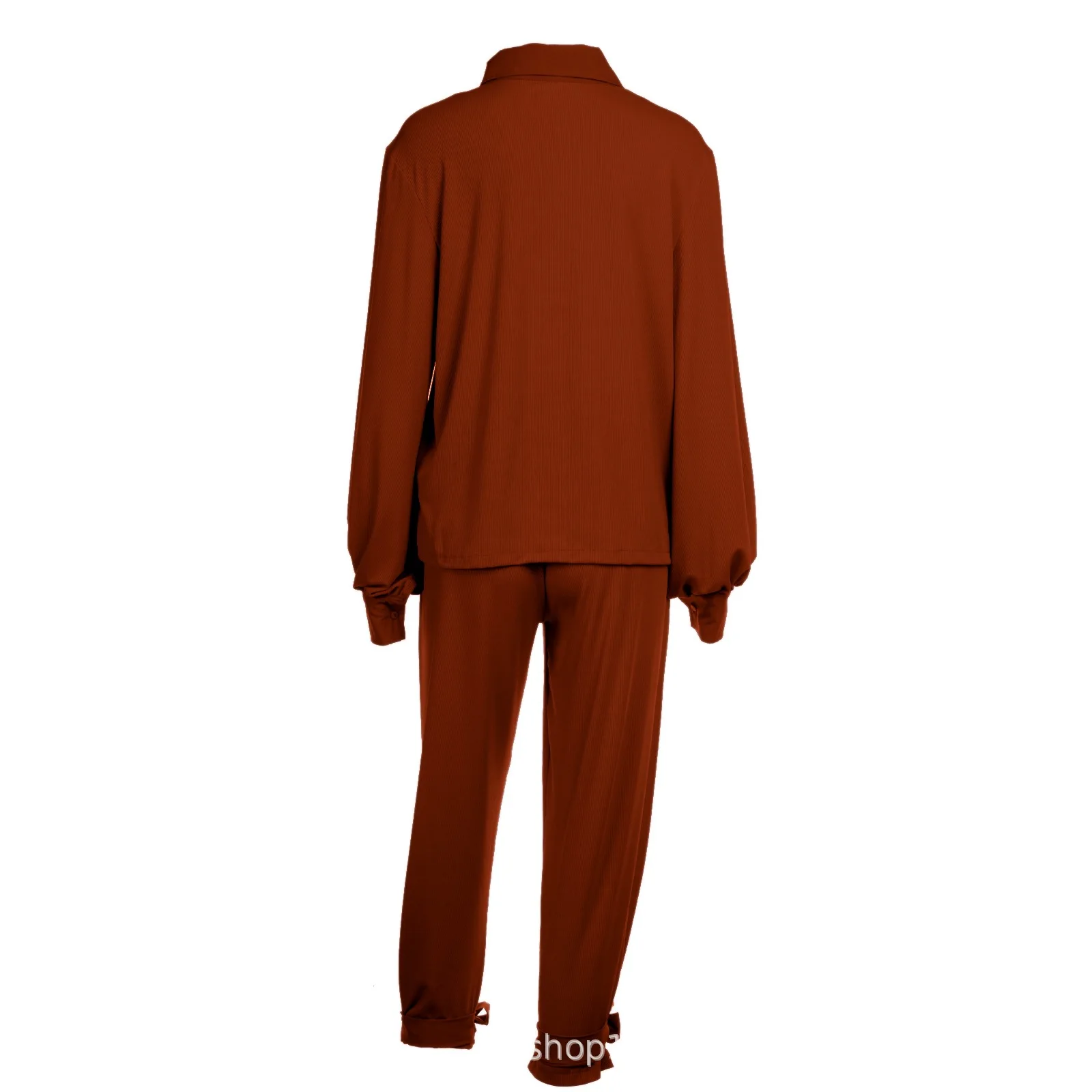 Klassisches, solides Hemd-Hosen-Set für Damen, lässig, locker, langärmelig, Revers, elastische Taille, zweiteiliger Anzug, 2025, neues Sommer-Straßen-Outfit – Detail 13