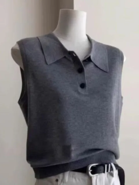 

Вязаный жилет, женская одежда, свободные майки без рукавов, 2023, Ropa Mujer, модные простые серые футболки с отложным воротником, повседневный жилет