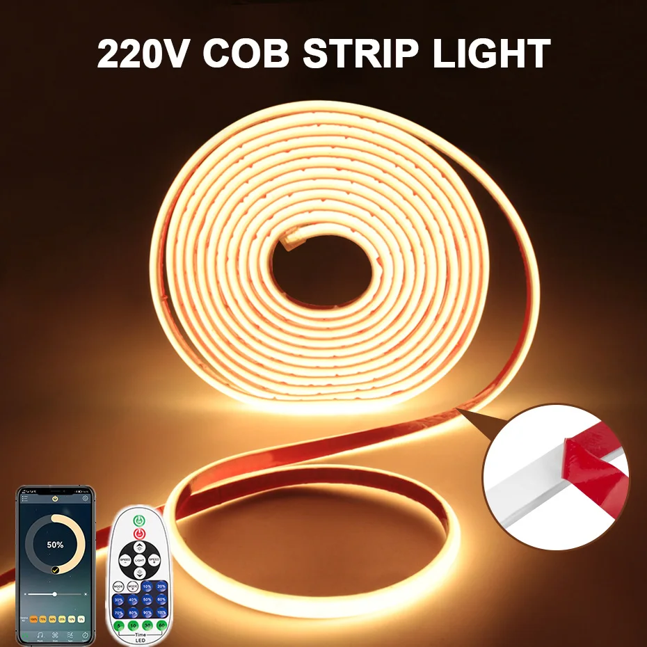 

Светодиодная лента Tuya WIFI COB, 220 В, клейкая лента, 10 м, 50 м, 288 светодиодов/м, водонепроницаемая, Bluetooth, пульт дистанционного управления, европейская неоновая лента, гибкая светодиодная лента
