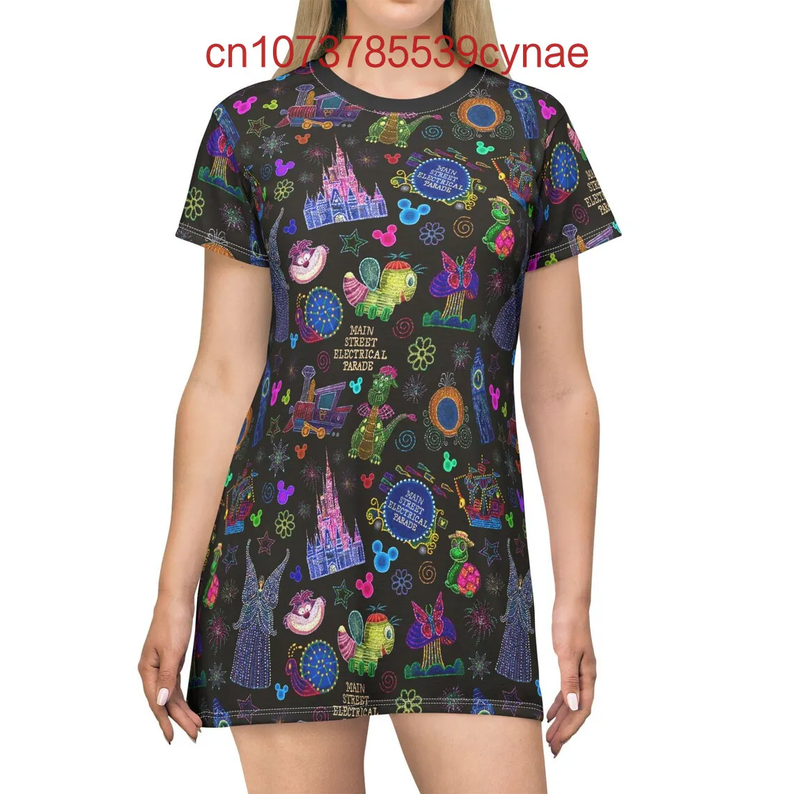 2025 صيف جديد ديزني المرأة فستان قصير الأكمام ثلاثية الأبعاد مطبوعة ميكي ماوس الشارع موضة تي شيرت فستان مثير Y2K فستان محكم التفصيل