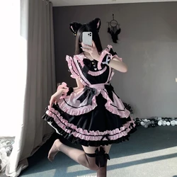 Harajuku Black And Pink Maid Outfit Kawaii Lolita Dress Femme Cos Sweet Girly Cat Bow Suit Birthday Prom Short Dresse Girl Women