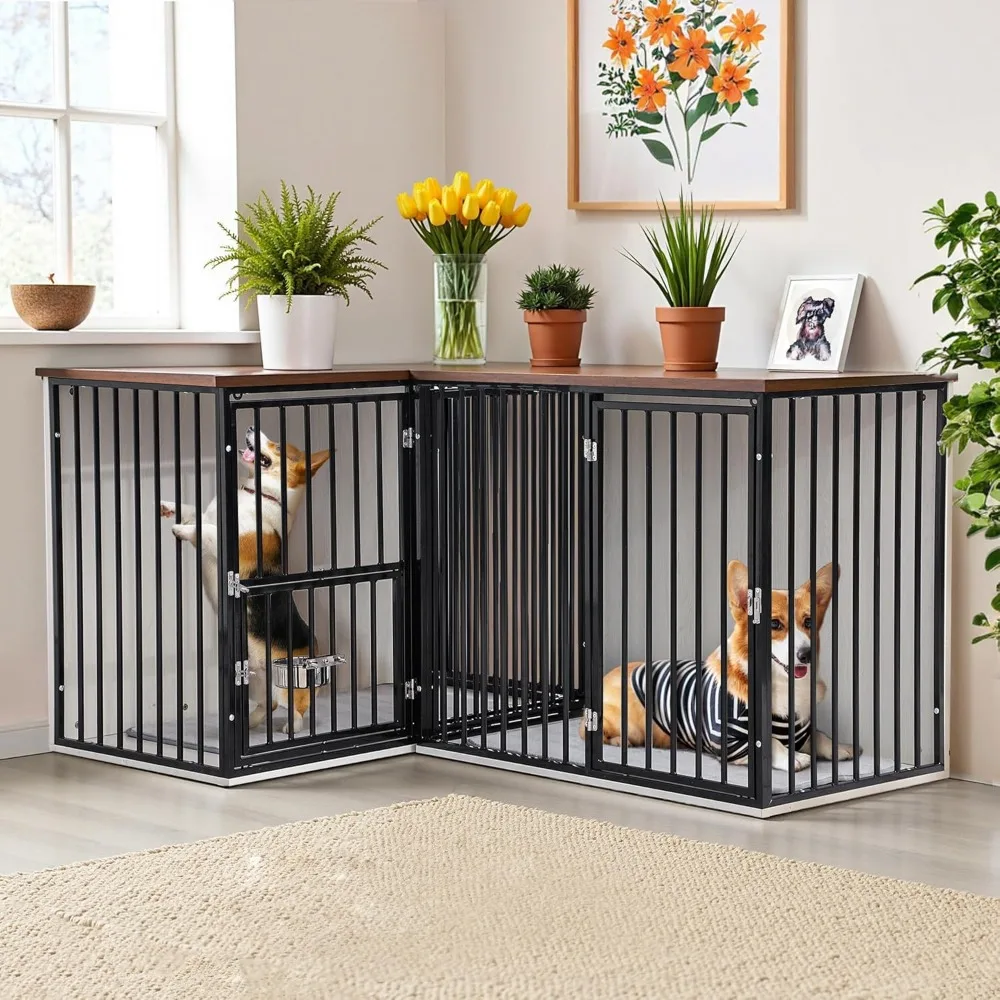 

Dream Dog Crate Furniture For 2 Dogs, Corner Heavy Duty Double Dog Kennel Furniture With Divider, Indoor Wooden Dogs Crate Larg