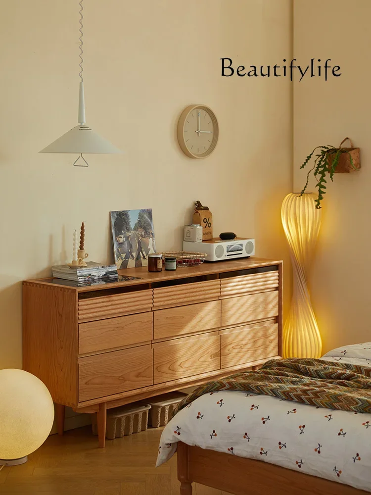 YY All Solid Wood Nine-chest Cabinet, Cherry Wood Nordic Retro Bedroom, Bedside Living Room Storage, Drawer Side Cabinet