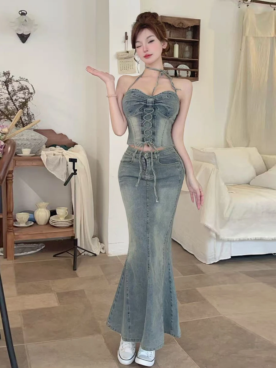 

Sexy Retro Sweet Spicy Strapl Crop Top And High Waist Fi Tail Split Denim Skirt Set Women's Faion Spring Summer Autumn