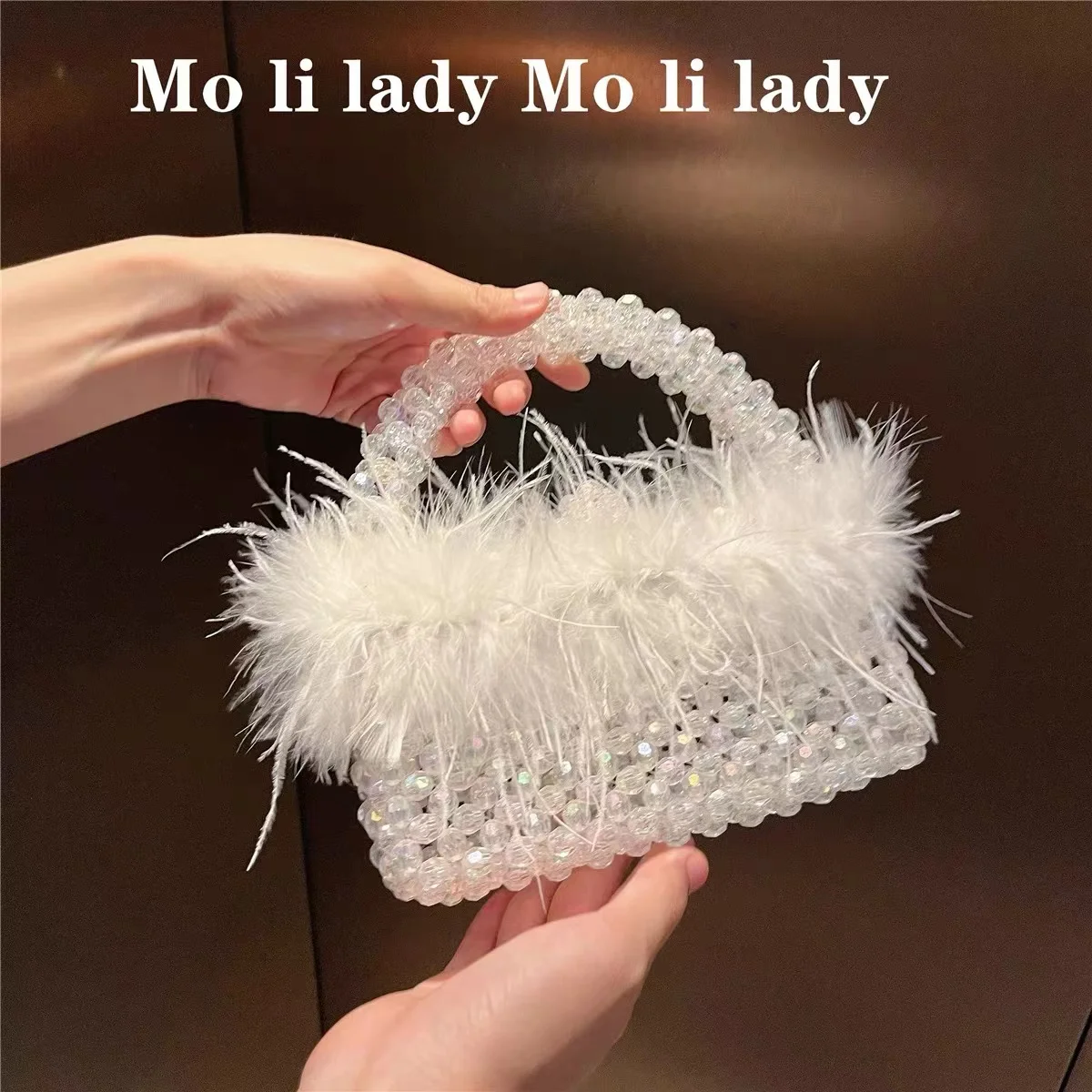 

High Quality Luxury Ostrich Hair Women Handbag Shiny Transparent Beads Beading Handmade Evening Bag Wedding Party Clutch Purse