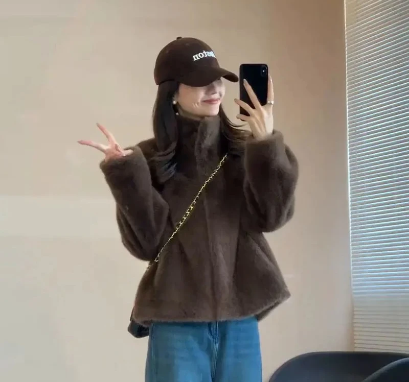 معطف فرو نسائي من ort Thiened بياقة واقفة من الجلد والفرو الكامل شتوي دافئ كاجوال #2