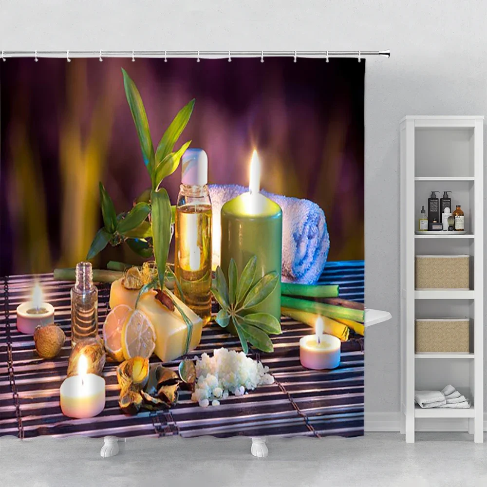 Zen Stone Green Bamboo Shower Curtains Lotus Stream Spa Landscape Bathroom Waterproof Bath Curtain Fabric Home Bathtub Decor