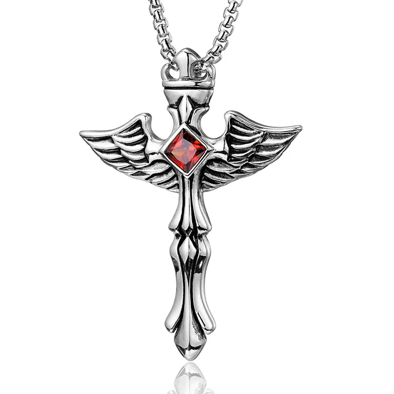 Punk Retro Titanium Steel Columns Crown Angel Wing Cross Pendants Necklace for Men Jewelry Silver Color Never Fade Drop Shipping