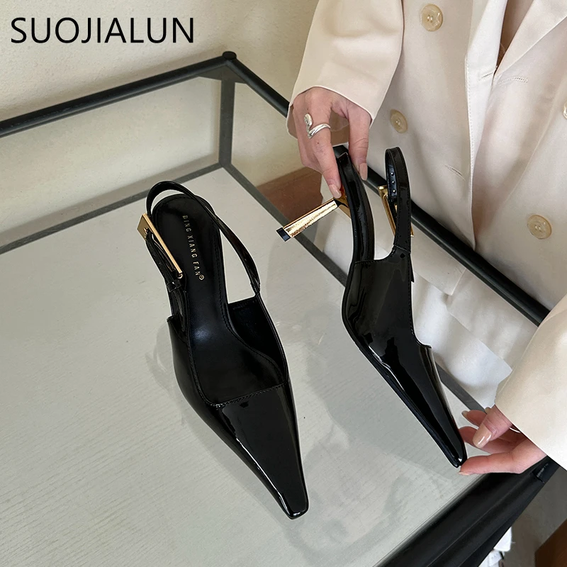 SUOJIALUN 2024 Spring New Band Women Pumps Shoes Fashion Shallow Slip On Slingback Sandals Thin High Heel Dress Sexy Pumps Shoes