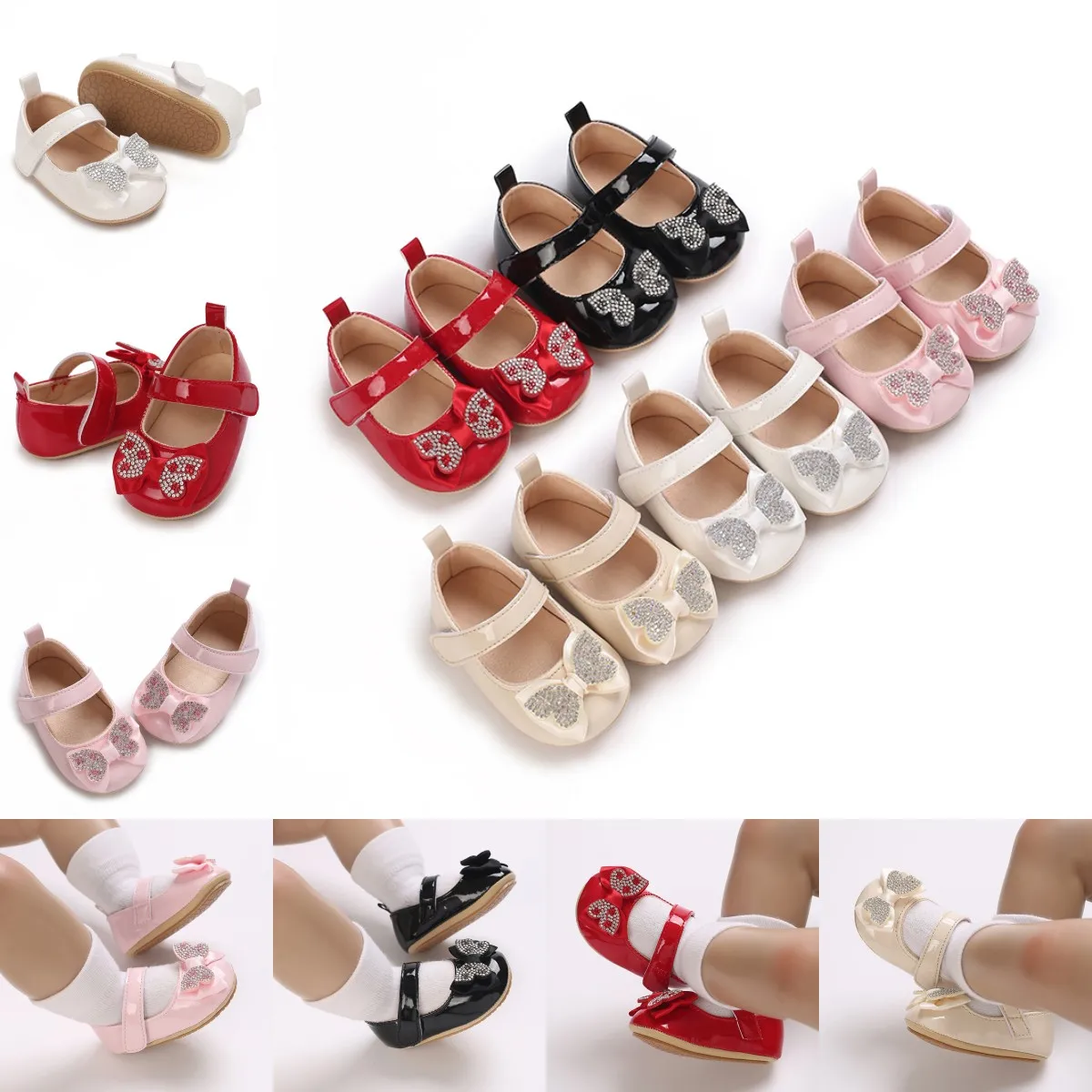 5Colors 0-18M Baby Casual Shoes Infant Toddler Bowknot Non-slip Rubber Soft-Sole Flat PU First Walker Bow Decor Mary Janes